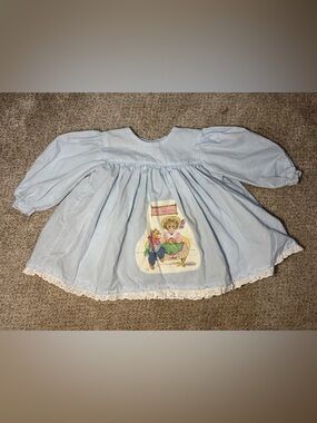 Vintage style light blue toddler girl's smocked bishop dress cat appliqué lace